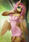  2018 anthro anthrofied aomori blue_eyes clothed clothing digital_media_(artwork) dress equine eyelashes feathered_wings feathers female fluttershy_(mlp) friendship_is_magic hair long_hair looking_at_viewer mammal my_little_pony pegasus pink_hair smile solo url wings 