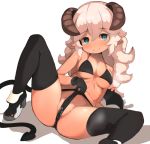 :&gt; aqua_eyes bangs bare_arms bare_shoulders bikini bikini_lift black_bikini black_footwear black_gloves black_legwear black_tail blush breasts breasts_apart brown_horns closed_mouth collarbone commentary_request covered_nipples crossed_bangs curly_hair demon_girl demon_horns demon_tail demon_wings eyebrows_visible_through_hair garoudo_(kadouhan'i) gloves hair_between_eyes half-closed_eyes hand_on_own_thigh high_heels horns long_hair looking_at_viewer low_wings micro_bikini original parted_bangs pointy_ears pussy_juice pussy_juice_drip_through_clothes pussy_juice_puddle raised_eyebrows reclining self_wedgie simple_background small_breasts solo spread_legs string_bikini succubus swimsuit tail toned wedgie white_background white_hair wings 