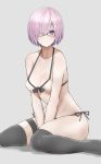  be9459 between_legs bikini black-framed_eyewear black_legwear breasts cleavage closed_mouth collarbone commentary_request fate/grand_order fate_(series) glasses grey_background hair_over_one_eye hand_between_legs highres large_breasts lavender_hair looking_at_viewer mash_kyrielight purple_eyes purple_hair short_hair side-tie_bikini solo swimsuit thigh_strap thighhighs 