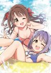  ;d bikini blush bow breasts brown_eyes brown_hair cleavage cloud collaboration commentary_request day esse eyebrows_visible_through_hair frilled_bikini frills hair_bow hair_flaps hair_intakes half_updo horizontal_stripes idolmaster idolmaster_cinderella_girls innertube koshimizu_sachiko lavender_hair long_hair medium_breasts multiple_girls nanonin navel one_eye_closed one_side_up open_mouth outdoors shimamura_uzuki short_hair sky smile splashing striped swimsuit water 