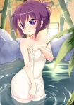  bamboo bangs blurry blurry_foreground blush breasts clenched_hand commentary covering covering_breasts cowboy_shot depth_of_field eyebrows_visible_through_hair gochuumon_wa_usagi_desu_ka? hair_up head_tilt highres lantern light_frown looking_at_viewer medium_breasts naked_towel onsen parted_lips pix_mloof rock short_hair solo standing tedeza_rize tied_hair towel towel_tug wading white_towel wooden_wall 