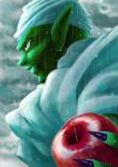  apple black_eyes cape close-up cloud cloudy_sky dragon_ball dragon_ball_z expressionless fingernails food fruit highres long_fingernails looking_away male_focus outdoors piccolo pointy_ears profile rain serious sky solo tetsuyo turban upper_body wet wet_clothes 