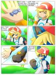  backpack blonde_hair blue_eyes blue_fur clothing comic deerrobin eating english_text fur hair hat human lucario male mammal nintendo outside pok&eacute;ball pok&eacute;mon pok&eacute;mon_(species) rare_candy solo text torn_clothing transformation video_games 