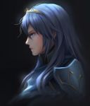  absurdres artist_name blue_cape blue_eyes blue_hair blue_shirt cape chuby_mi closed_mouth commentary fantasy fire_emblem fire_emblem:_kakusei fire_emblem_heroes gold_trim hair_between_eyes high_collar highres long_hair lucina pink_lips profile shirt shoulder_armor tiara 