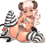  :&gt; aqua_eyes bangs bare_arms bare_shoulders bikini bikini_lift black_bikini black_legwear black_tail blush breasts breasts_apart brown_horns closed_mouth collarbone commentary_request covered_nipples crossed_bangs curly_hair demon_girl demon_horns demon_tail demon_wings eyebrows_visible_through_hair garoudo_(kadouhan'i) gloves hair_between_eyes half-closed_eyes hand_on_own_thigh high_heels horns long_hair looking_at_viewer low_wings micro_bikini original parted_bangs pointy_ears pussy_juice pussy_juice_drip_through_clothes pussy_juice_puddle raised_eyebrows reclining self_wedgie simple_background small_breasts solo spread_legs string_bikini striped striped_bikini striped_legwear succubus swimsuit tail toned wedgie white_background white_bikini white_footwear white_gloves white_hair white_legwear wings 