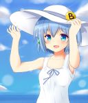  blue_eyes blue_hair blush collarbone erniang eyebrows_visible_through_hair hat linda_b_(linda_b) looking_at_viewer open_mouth original short_hair short_twintails smile solo sun_hat twintails white_hat 