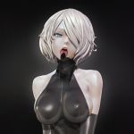  3d black_gloves black_leotard blue_eyes breasts covered_eyes elbow_gloves gloves hair_over_one_eye highres large_breasts latex latex_gloves latex_leotard leotard leslyzerosix nier_(series) nier_automata no_blindfold open_mouth solo upper_body white_hair yorha_no._2_type_b zipper 