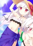  arm_up azur_lane bangs bare_arms bare_shoulders bikini blue_sky blush bow breasts closed_mouth cloud collarbone commentary_request day erebus_(azur_lane) eyebrows_visible_through_hair eyes_visible_through_hair fingernails groin hair_over_one_eye hand_on_headwear hat hat_bow highres long_hair medium_breasts multiple_girls navel outdoors red_bow red_eyes sarong silver_hair sky small_breasts stitches straw_hat swimsuit taira_takehiro terror_(azur_lane) very_long_hair white_bikini 