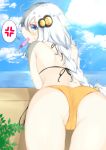  ahoge anger_vein ass aties20 back bangs bent_over bikini blue_eyes blue_sky braid cameltoe cloud cloudy_sky commentary day eyebrows_visible_through_hair food from_behind hair_ornament ivy kizuna_akari long_hair looking_at_viewer looking_back mouth_hold ocean orange_bikini outdoors partially_visible_vulva popsicle sky spoken_anger_vein standing sweatdrop swimsuit thighs twin_braids very_long_hair vocaloid voiceroid wall 