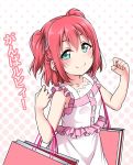  aqua_eyes bag bangs blush clenched_hands collarbone commentary_request dress hair_ribbon halftone halftone_background hands_up kurosawa_ruby looking_at_viewer love_live! love_live!_sunshine!! red_hair ribbon shopping_bag short_hair smile solo translated two_side_up yopparai_oni 