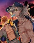  carrying_under_arm chest dutch_angle edmond_dantes_(fate/grand_order) fate/grand_order fate_(series) food food_in_mouth g0ringo glasses green_eyes hair_over_one_eye hat highres hood hoodie innertube jacket_on_shoulders jewelry key male_focus male_swimwear monte_cristo_selection multiple_boys necklace nipples off_shoulder orange_hair palm_tree ponytail popsicle robin_hood_(fate) round_eyewear scar silver_hair summer_hunter sunset swim_trunks swimwear tree wavy_hair wet yellow_eyes 