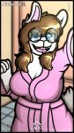  bathrobe bathroom big_breasts blue_eyes breasts brown_hair cleavage clothed clothing eyewear female fur glasses hair happy lagomorph mammal nichole_(nitefang) nitefang rabbit robe selfie slightly_chubby smile snapchat white_fur 