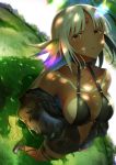  azur_lane bangs bare_shoulders bikini_top black_footwear black_jacket blush body_markings boots breasts choker cleavage commentary_request dark_skin day eyebrows_visible_through_hair feathers hair_feathers hands_in_pockets highres jacket large_breasts long_hair long_sleeves looking_at_viewer massachusetts_(azur_lane) multicolored_hair native_american navel open_clothes open_mouth outdoors partially_unzipped shade sidelocks silver_hair skindentation solo swimsuit swimsuit_under_clothes tan thigh_strap tsukimineko 