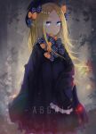  abigail_williams_(fate/grand_order) ano54 bangs black_bow black_dress black_hat blonde_hair blue_eyes bow bug butterfly character_name closed_mouth commentary dress eyebrows_visible_through_hair fate/grand_order fate_(series) forehead hair_bow hat heroic_spirit_traveling_outfit highres insect long_hair long_sleeves looking_at_viewer orange_bow parted_bangs polka_dot polka_dot_bow signature sleeves_past_fingers sleeves_past_wrists solo very_long_hair 