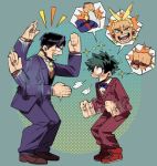  all_might antenna_hair black_hair blue_eyes blue_suit boku_no_hero_academia circle clenched_hands formal freckles gesture glasses green_background green_hair iida_tenya male_focus midoriya_izuku multiple_boys opaque_glasses red_suit shiseu_(s0gil) sparkle spoken_character squatting suit younger 