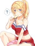  ? ayase_eli between_legs blonde_hair blush breasts cheerleader cleavage collarbone commentary_request crop_top dripping eating eyebrows_visible_through_hair food food_on_breasts hair_between_eyes hand_between_legs holding love_live! love_live!_school_idol_project miniskirt mogu_(au1127) pom_poms ponytail popsicle red_skirt scrunchie sidelocks sitting skirt solo spoken_question_mark strap_slip sweat sweatdrop tank_top white_background white_scrunchie 
