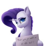  2018 blue_eyes english_text equine female friendship_is_magic hair horn looking_at_viewer mammal my_little_pony purple_hair rarity_(mlp) sign simple_background skitsniga solo text unicorn white_background 