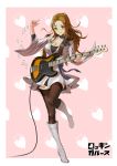  absurdres bass_guitar black_choker black_legwear blush boots breasts brown_eyes brown_hair choker cleavage goodotaku hand_up highres instrument knee_boots long_hair medium_breasts music original pink_background playing_instrument skirt smile standing thighhighs white_footwear white_skirt wide_sleeves zettai_ryouiki 