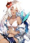  absurdres bikini blush breasts cleavage closed_eyes commentary_request dark_skin dragon flower front-tie_top granblue_fantasy hair_flower hair_ornament highres long_hair navel painterly side-tie_bikini skirt smile solo steepled_fingers swimsuit swimsuit_under_clothes umibouzu_(niito) white_background white_bikini white_hair zooey_(granblue_fantasy) 
