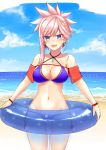  :d adapted_costume bangs bare_shoulders beach bikini blue_bikini blue_eyes blue_innertube blue_sky blush breasts cleavage cloud collarbone commentary cowboy_shot day earrings eyebrows_visible_through_hair fate/grand_order fate_(series) highres innertube jewelry looking_at_viewer m_kong magatama medium_breasts miyamoto_musashi_(fate/grand_order) navel o-ring o-ring_bikini o-ring_top ocean open_mouth pink_hair polka_dot ponytail see-through shiny shiny_hair short_hair side-tie_bikini single_sidelock sky smile solo swimsuit transparent water wristband 