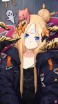  abigail_williams_(fate/grand_order) animal_print bangs black_bow black_jacket black_shirt blonde_hair blue_eyes bow closed_mouth clothes_writing collarbone commentary_request crossed_bandaids english eyebrows_visible_through_hair eyes_visible_through_hair fate/grand_order fate_(series) fujimaru_ritsuka_(female) hair_bow hair_bun head_tilt highres jacket long_hair long_sleeves mahousho object_hug orange_bow parted_bangs polka_dot polka_dot_bow print_shirt profanity riyo_(lyomsnpmp)_(style) shirt sleeves_past_fingers sleeves_past_wrists solo stuffed_animal stuffed_toy suction_cups teddy_bear tentacles tiger_print translation_request when_you_see_it 