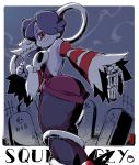  1girl ass bare_shoulders blue_skin breasts cleavage detached_collar detached_sleeves dress female hair_over_one_eye hips leviathan_(skullgirls) monster_girl red_eyes side_ponytail skullgirls squigly_(skullgirls) stitched_mouth stitches striped striped_sleeves wide_hips zombie 