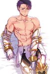  abs absurdres arm_support armored_boots blush boots chest collarbone fate/grand_order fate_(series) gauntlets grand_dobu highres lancelot_(fate/grand_order) looking_away lying male_focus navel nipples on_bed purple_hair simple_background solo sweat toned toned_male white_background 