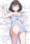  :o arm_up bangs bare_arms bare_shoulders bed_sheet blue_dress blush breasts brown_hair closed_eyes collarbone commentary_request dress eyebrows_visible_through_hair facing_viewer hair_between_eyes hand_up highres lying on_back original parted_lips pillow sleeveless sleeveless_dress small_breasts solo strap_slip suzunari_shizuku yuki_arare 