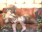  ass black_footwear boots breasts brown_hair commentary couch feet_up fingerless_gloves girls_frontline gloves grey_eyes grey_ribbon hair_ribbon highres holding holding_pillow k-2_(girls_frontline) long_hair looking_at_viewer lying medium_breasts miniskirt on_stomach panties pantyhose pillow plant ribbon skirt sun_glare sunhyun sunlight underwear window 