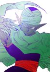  black_eyes cape dragon_ball dragon_ball_z dutch_angle expressionless fingernails hand_up long_fingernails looking_away male_focus piccolo pointy_ears serious simple_background solo tetsuyo turban upper_body white_background 