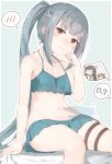  aqua_background arashio_(kantai_collection) bikini black_hair blindfold blush brown_eyes brown_hair closed_eyes closed_mouth collarbone commentary_request eyebrows_visible_through_hair female_admiral_(kantai_collection) green_bikini grey_hair groin highres jewelry kantai_collection kasumi_(kantai_collection) long_hair looking_at_viewer md5_mismatch multiple_girls navel open_mouth ring side_ponytail simple_background sitting spoken_blush swimsuit thigh_strap yui_(seiga) 