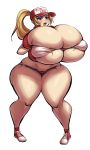  1girl blonde_hair blue_eyes blush breasts bursting_breasts cleavage fatal_fury full_body hips huge_breasts midriff navel shorts snk_heroines:_tag_team_frenzy solo terry_bogard the_king_of_fighters thick_thighs thighs wide_hips 