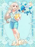  :d ahoge ball beachball blue_background blue_eyes blue_shirt blue_shorts bracelet brown_eyes clenched_hand dragon full_body hand_up holding holding_ball jewelry long_hair low-tied_long_hair open_mouth original sandals seashell_print shirt shorts slee smile standing standing_on_one_leg 