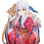  animal animal_on_shoulder animal_print bell bird bird_on_shoulder bracelet butterfly_print closed_eyes commentary_request fire_emblem fire_emblem:_akatsuki_no_megami fire_emblem_heroes japanese_clothes jewelry jingle_bell kagura_suzu kimono long_hair micaiah obi sash shourou_kanna silver_hair simple_background smile solo white_background wide_sleeves yellow_eyes yukata yune 