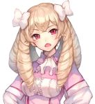 bangs blush bow breasts buttons capelet center_frills commentary_request crossed_bangs dress drill_hair earrings eyebrows_visible_through_hair fire_emblem fire_emblem:_kakusei frills hair_bow head_tilt jewelry jurge light_brown_hair long_hair mariabel_(fire_emblem) medium_breasts open_mouth pink_capelet pink_dress red_eyes simple_background solo v-shaped_eyebrows white_background white_bow 