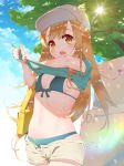  aqua_bikini aqua_bow aqua_shirt bag bangs baseball_cap bikini blue_sky blush bow box breasts brown_eyes cloud cloudy_sky cowboy_shot d: day hat hataraku_saibou highres lifted_by_self light_brown_hair long_hair looking_at_viewer navel open_mouth outdoors platelet_(hataraku_saibou) shirt shirt_lift short_shorts shorts sideboob sky small_breasts solo swimsuit tree tree_shade waterring wringing_clothes 