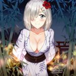  arms_behind_back bamboo bamboo_forest blush breasts cleavage collarbone flower forest grey_eyes hair_flower hair_ornament hair_over_one_eye hamakaze_(kantai_collection) highres japanese_clothes kantai_collection kimono large_breasts leaning_forward looking_at_viewer marie_mushroom nature night obi outdoors print_kimono red_flower sash short_hair silver_hair sky smile solo star_(sky) starry_sky torii white_kimono 