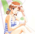 90s ;p adachi_taeko bangs beach_umbrella blue_ribbon blue_swimsuit blush breasts brown_eyes brown_hair casual_one-piece_swimsuit cleavage closed_mouth collarbone cup food freckles from_side hair_ribbon hand_up holding holding_cup holding_food holding_spoon kai_tomohisa knees_up looking_at_viewer low_twintails medium_breasts official_art one-piece_swimsuit one_eye_closed parted_bangs ribbon sentimental_graffiti shaved_ice shiny shiny_hair shirt short_hair short_twintails sideways_glance simple_background sitting solo spoon striped striped_shirt striped_swimsuit swimsuit tongue tongue_out traditional_media twintails umbrella watercolor_(medium) white_background white_swimsuit 