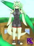  2018 3_toes bands berk_rider big_breasts blush breasts bridge camel_toe claws clothed clothing digital_media_(artwork) female forest_of_the_blue_skin green_hair green_skin hair hi_res humanoid kamaitachi kamaitachi_(forest_of_the_blue_skin) legwear looking_at_viewer mammal shadow socks solo suit toe_claws toes video_games watermark wind 