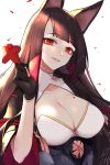  akagi_(azur_lane) azur_lane between_fingers breasts brown_hair cleavage gloves highres large_breasts long_hair looking_at_viewer open_mouth qb_516 red_eyes simple_background smile solo upper_body white_background 