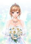  bare_shoulders blue_eyes blush bouquet breasts bridal_veil bride brown_hair cleavage closed_mouth collarbone copyright_request dress earrings flower jewelry large_breasts looking_at_viewer mizutani_tooru necklace smile solo tiara veil 