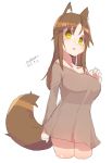  :d animal_ears bangs bare_shoulders blush breasts brown_dress brown_hair collarbone cropped_legs dated dress eyebrows_visible_through_hair fox_ears fox_girl fox_tail green_eyes hand_up large_breasts long_hair maze_(gochama_ze_gohan) off-shoulder_dress off_shoulder open_mouth original short_dress signature simple_background sketch smile solo standing tail white_background 