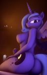  2018 3d_(artwork) absurd_res anthro areola big_breasts big_butt blue_feathers blue_hair breasts butt candle crown cutie_mark dark dickgirl digital_media_(artwork) equine erection eyebrows eyelashes eyeshadow feathered_wings feathers friendship_is_magic grin hair hand_on_thigh hi_res horn intersex looking_back makeup mammal mascara my_little_pony nude penis princess_luna_(mlp) rear_view royalty side_boob sitting smile solo source_filmmaker teal_eyes teeth thick_thighs winged_unicorn wings woobaloo 