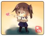  artist_name black_legwear blowing blue_hakama blue_skirt brown_eyes brown_hair chibi full_body hakama hakama_skirt heart japanese_clothes kaga_(kantai_collection) kantai_collection long_hair pantyhose side_ponytail skirt solo standing taisa_(kari) tasuki wings yellow_background 