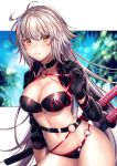  ahoge artist_name bikini black_bikini black_jacket blush breasts choker cleavage closed_mouth collarbone commentary_request cowboy_shot cropped_jacket eyebrows_visible_through_hair fate/grand_order fate_(series) frown jacket jeanne_d'arc_(alter_swimsuit_berserker) jeanne_d'arc_(fate)_(all) large_breasts lips long_hair looking_at_viewer navel o-ring outside_border saruei shrug_(clothing) solo stomach strap_pull sweatdrop swimsuit thighs yellow_eyes 