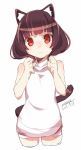  animal_ears bangs bare_arms bare_shoulders blush brown_hair cat_ears cat_girl cat_tail closed_mouth cropped_legs dated dress eyebrows_visible_through_hair hands_up head_tilt long_hair looking_at_viewer maze_(gochama_ze_gohan) original red_eyes short_dress signature simple_background sketch sleeveless sleeveless_dress solo standing tail white_background white_dress 