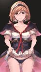  absurdres artist_name ass_visible_through_thighs black_background black_bow black_capelet black_hairband black_panties black_skirt blonde_hair blush bow brown_eyes capelet collarbone cowboy_shot djeeta_(granblue_fantasy) eyebrows_visible_through_hair granblue_fantasy hair_between_eyes hairband highres lifted_by_self looking_at_viewer milli_little panties shirt short_hair short_sleeves simple_background skirt skirt_lift smile solo standing underwear white_shirt 