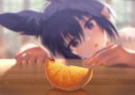  animal_ears bangs black_hair blurry blurry_background blush bug commentary day depth_of_field eyebrows_visible_through_hair food fruit hair_between_eyes head_rest highres indoors insect ladybug mano_(narumi_arata) narumi_arata open_mouth orange orange_slice original pointy_ears purple_eyes red_eyes short_hair solo table window 