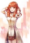  arms_up celica_(fire_emblem) detached_collar dress fire_emblem fire_emblem_echoes:_mou_hitori_no_eiyuuou hairband hands_in_hair highres long_hair open_mouth red_eyes red_hair solo standing white_dress yukimiyuki 