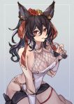  bare_shoulders black_hair breasts cleavage erune fishnet_top flower granblue_fantasy hair_flower hair_ornament highres ilsa_(granblue_fantasy) large_breasts long_hair red_eyes sitting solo sunglasses swimsuit white_swimsuit yok01 